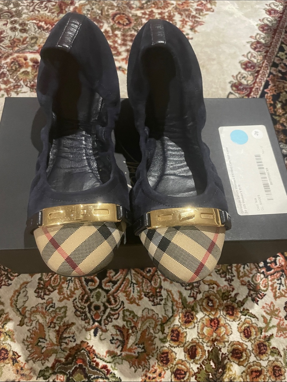 Burberry Navy Ballet Flats with Beige Plaid Cap Toe & Gold Trim